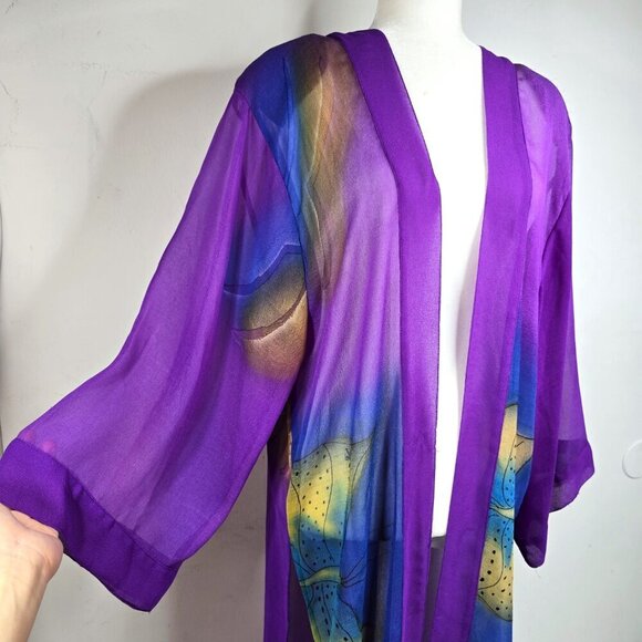 Vintage Liz & Me Purple Butterfly Sheer Long Sleeve Duster Maxi Cadigan - Picture 8 of 9